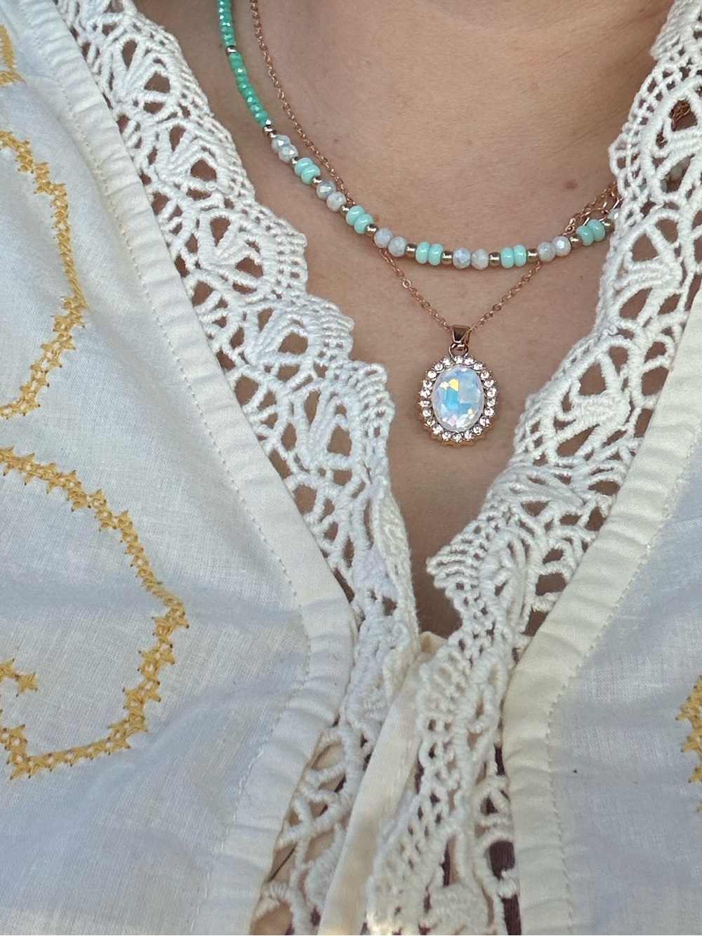 Turquoise and White Beaded Layered Necklace Set - Women Jewelry